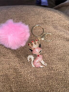 Pink Crystal Fox Keychain with Pom Pom - Gold Hardware